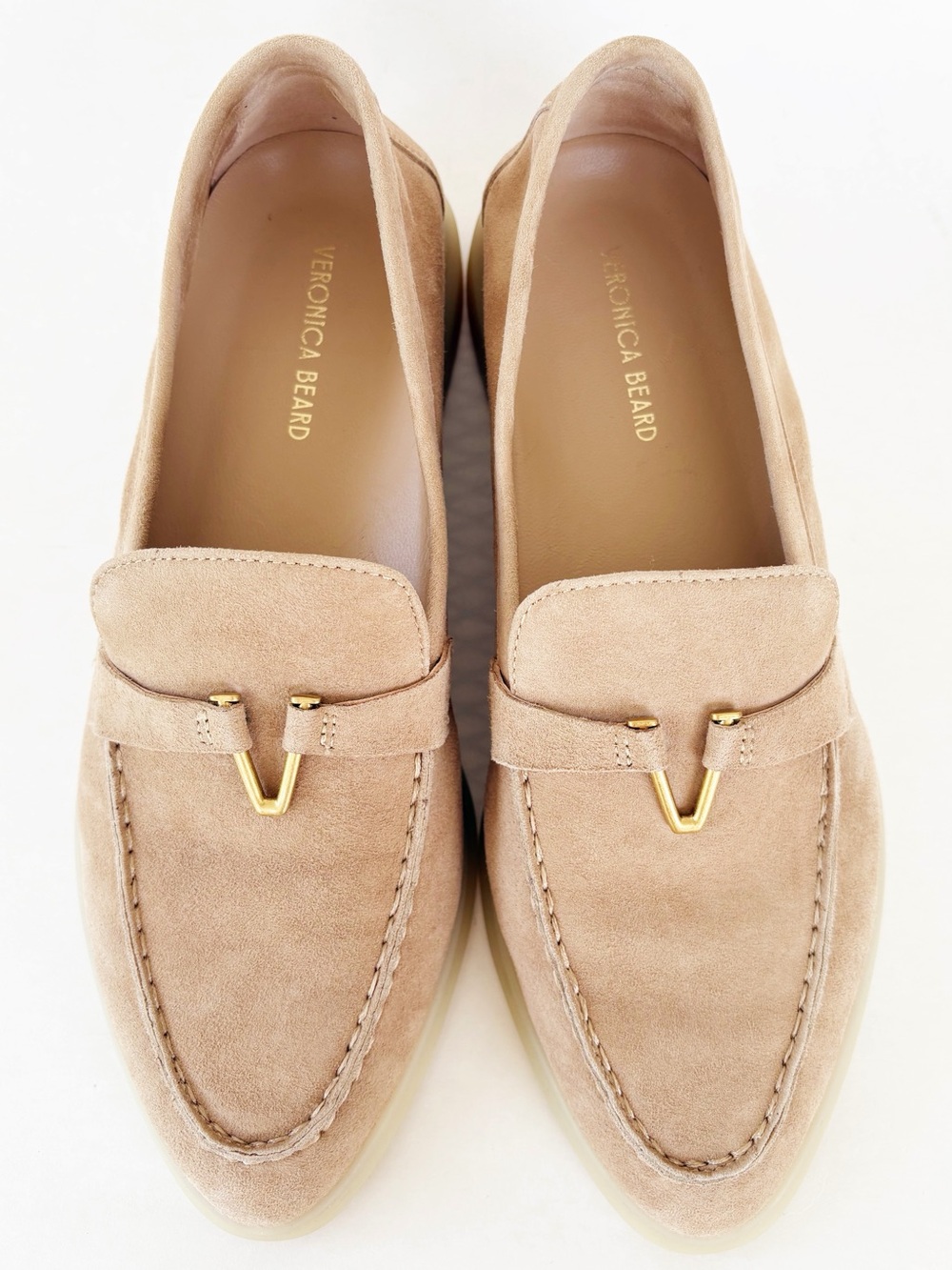 Veronica Beard Ailey Suede Loafers Beige Camel Gold V Hardware Size 6.5 - Picture 9 of 15